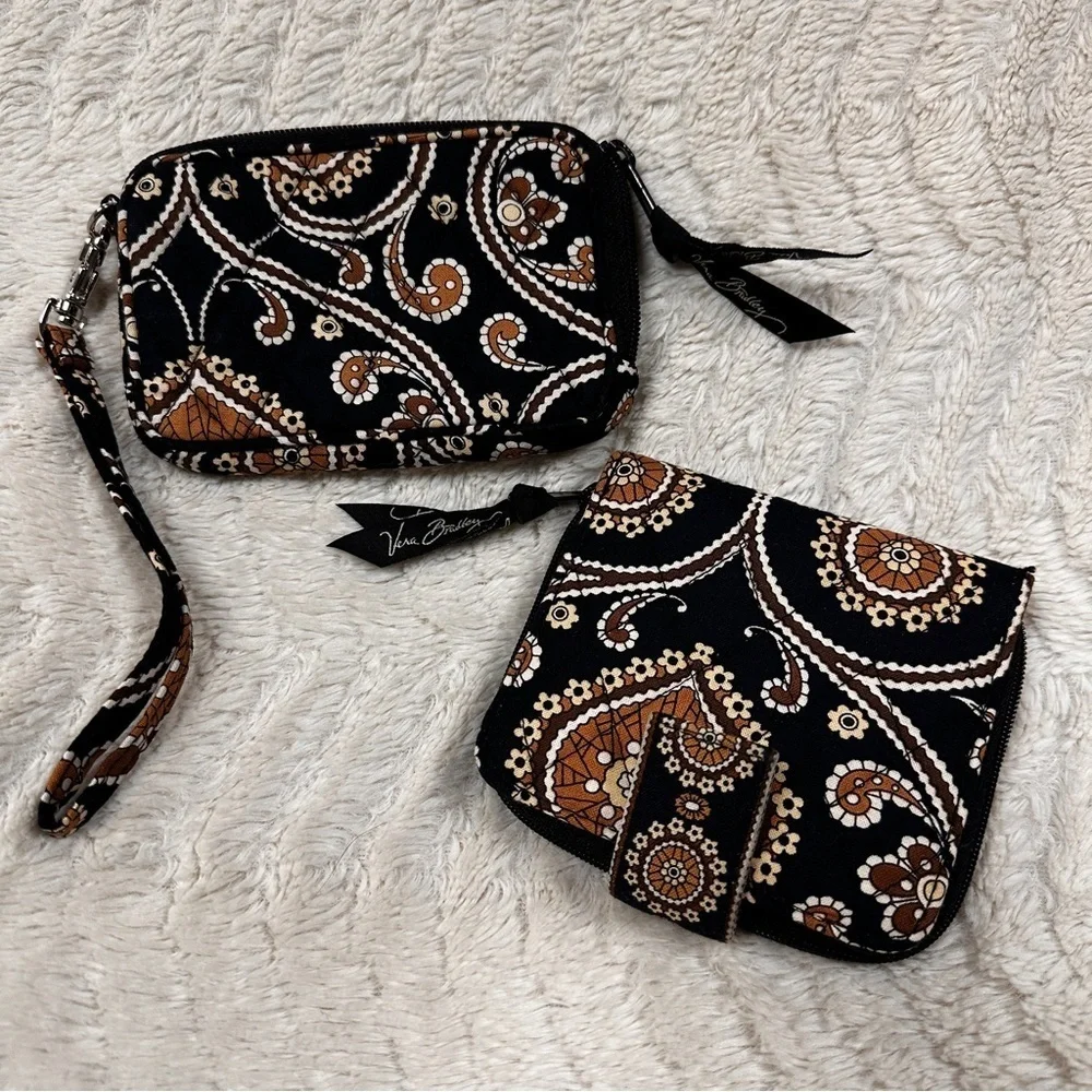 Vera Bradley Wallet with Matching Coin Purse / Wristlet, Black & Brown Paisley